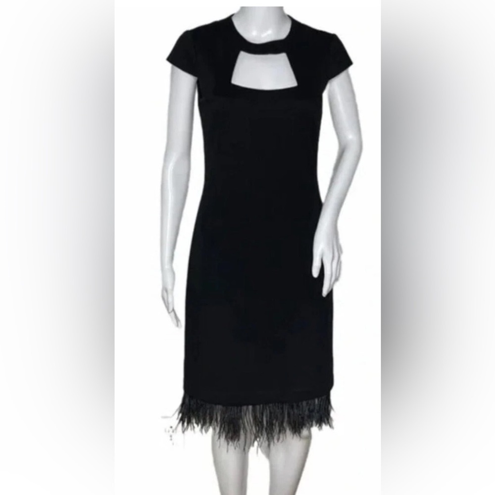 TRINA TURK Black Cut Out Stretch wool Feather Trimmed Sheath Dress Sz 6 
LBD - Picture 2 of 14